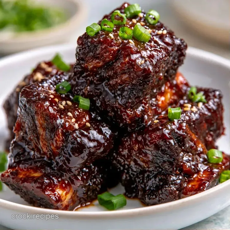 Glossy braised beef ribs atop a bed of fluffy white rice, garnished with bright green scallions and sesame seeds.