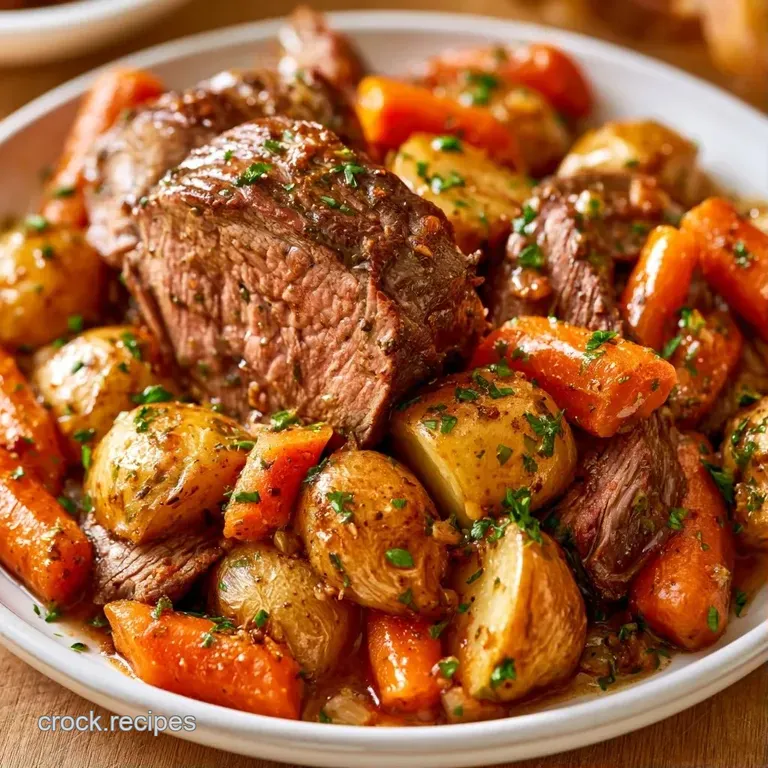 Slices of tender brown beef and soft potatoes on a clean white plate, garnished with a sprig of bright green parsley.
