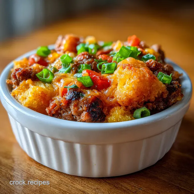 Cowboy casserole served in a rustic bowl, steam rising, topped with fresh green onions. A comforting and inviting single s...