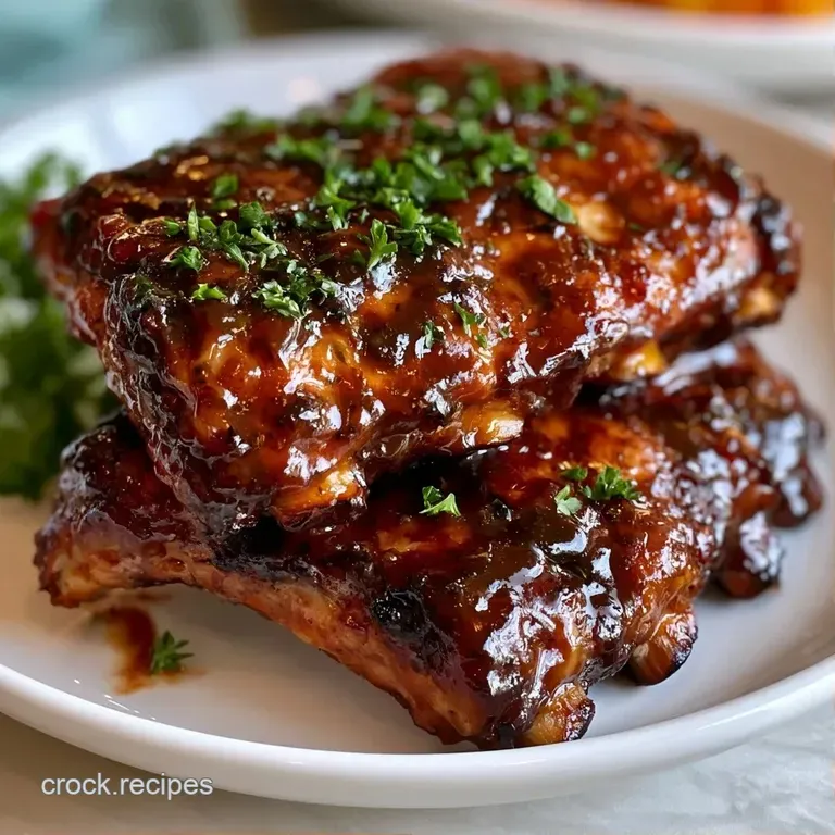 Neatly stacked glazed pork ribs on a white plate, garnished with sliced green onions and a side of crisp slaw.