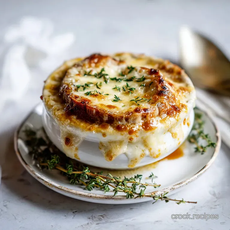 Hearty French onion soup in a ceramic crock, topped with melted Gruy&egrave;re.