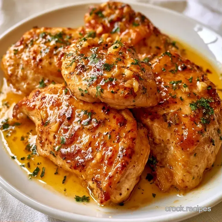 Pan-seared golden chicken breasts on a ceramic plate with steamed greens and a pool of glistening garlic butter.
