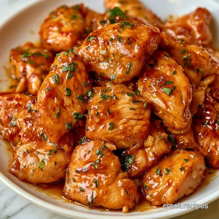 A white ceramic bowl of glazed chicken thighs garnished with bright green scallions and toasted white sesame seeds.