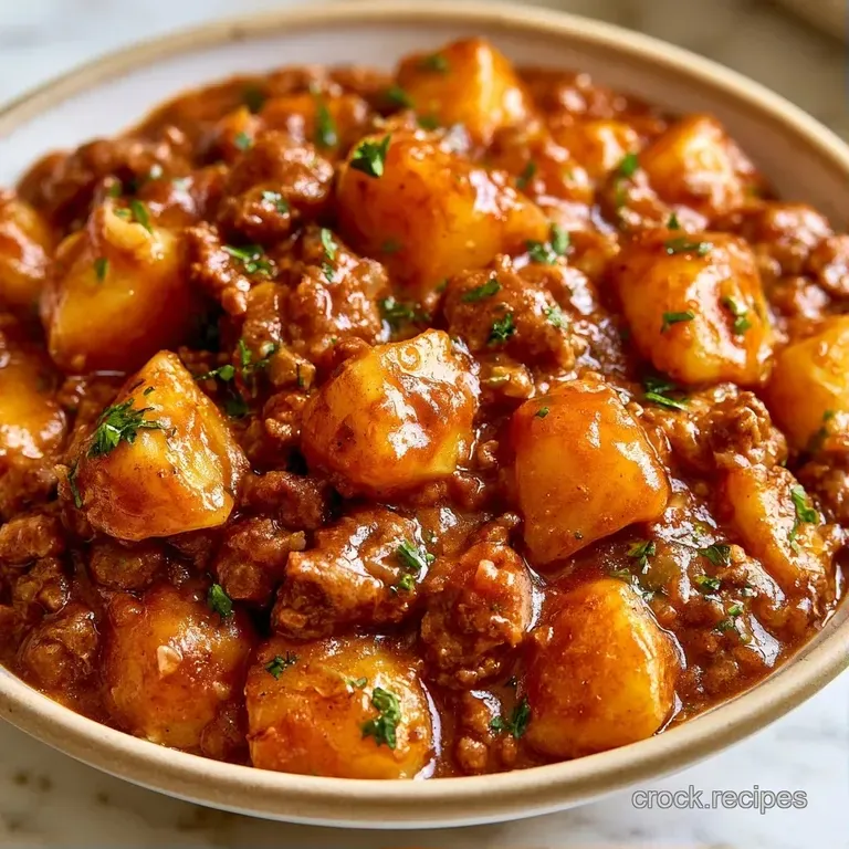 Deep ceramic bowl of chunky beef and potato stew topped with fresh parsley, set on a rustic wooden tabletop