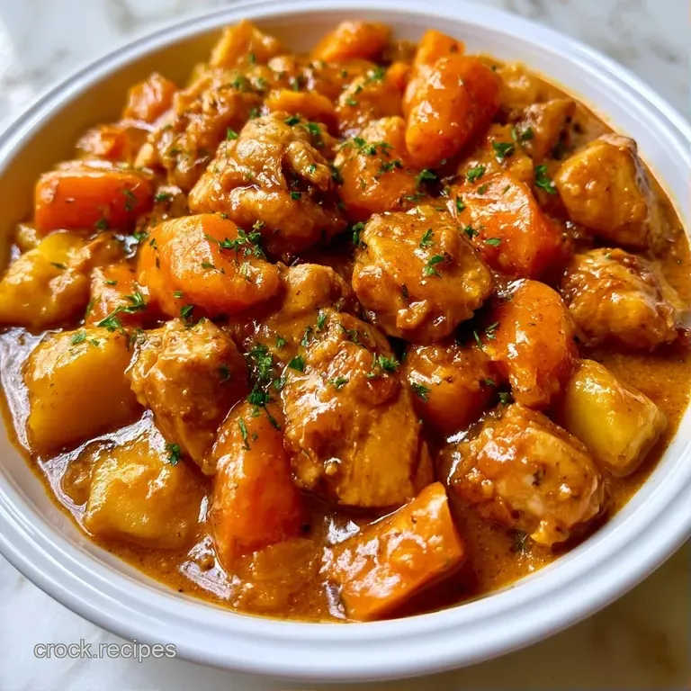 Thick golden-brown curry with tender carrots and potatoes served beside a neat dome of steamed white rice.