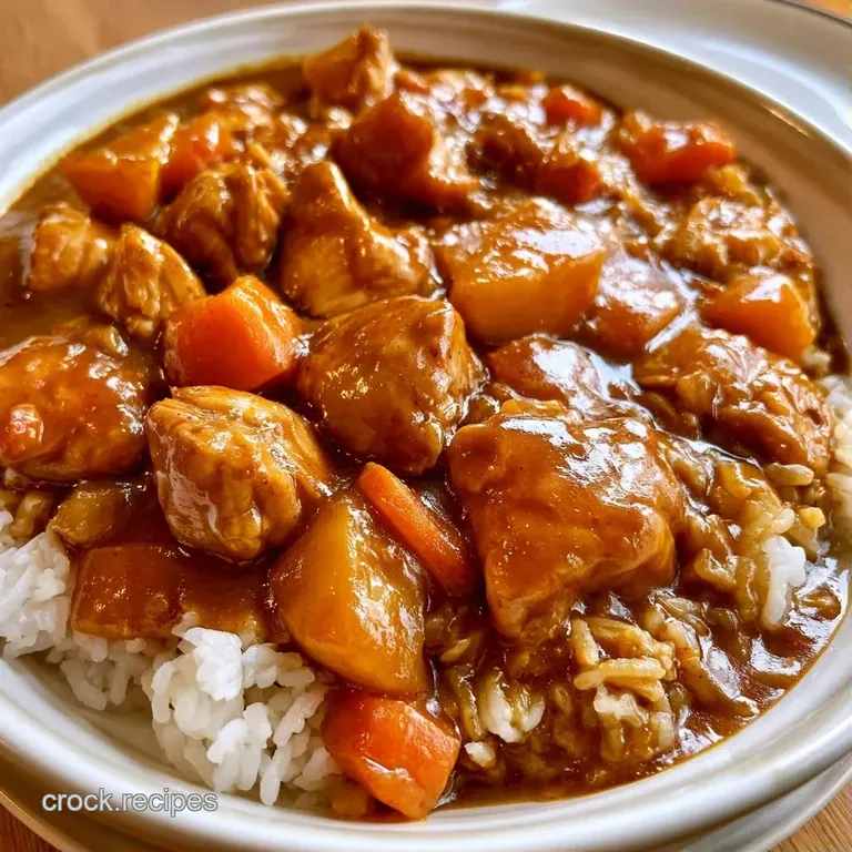A neat mound of fluffy white rice paired with glossy brown curry and tender carrots on a ceramic white platter.