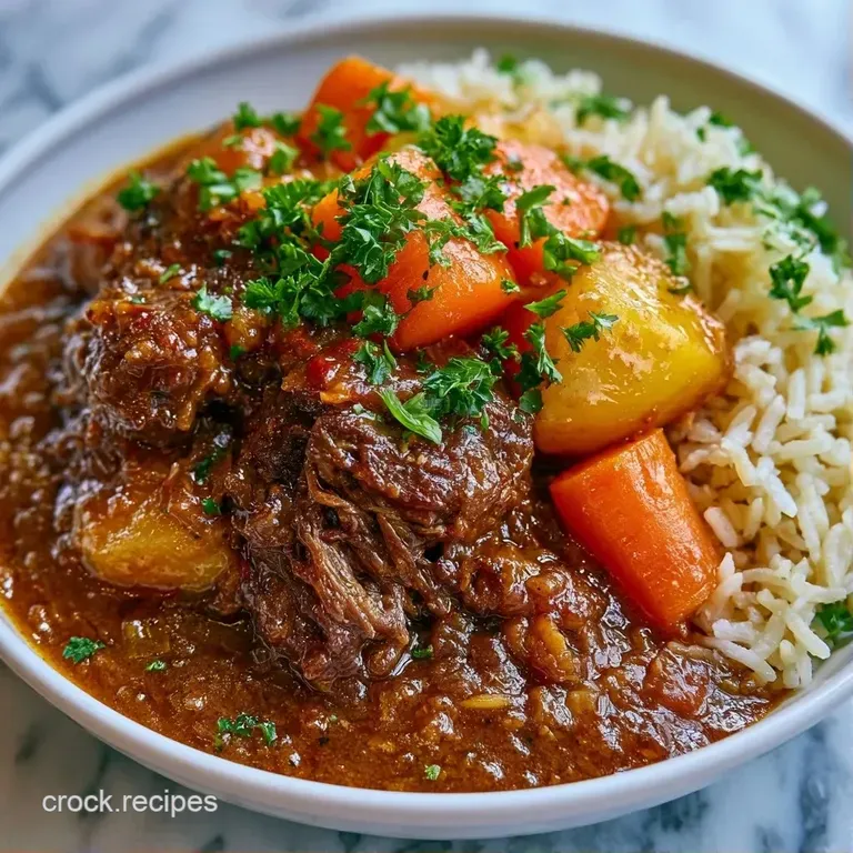 Rich brown stew with soft root vegetables neatly plated beside a molded dome of white rice and fresh green peas.
