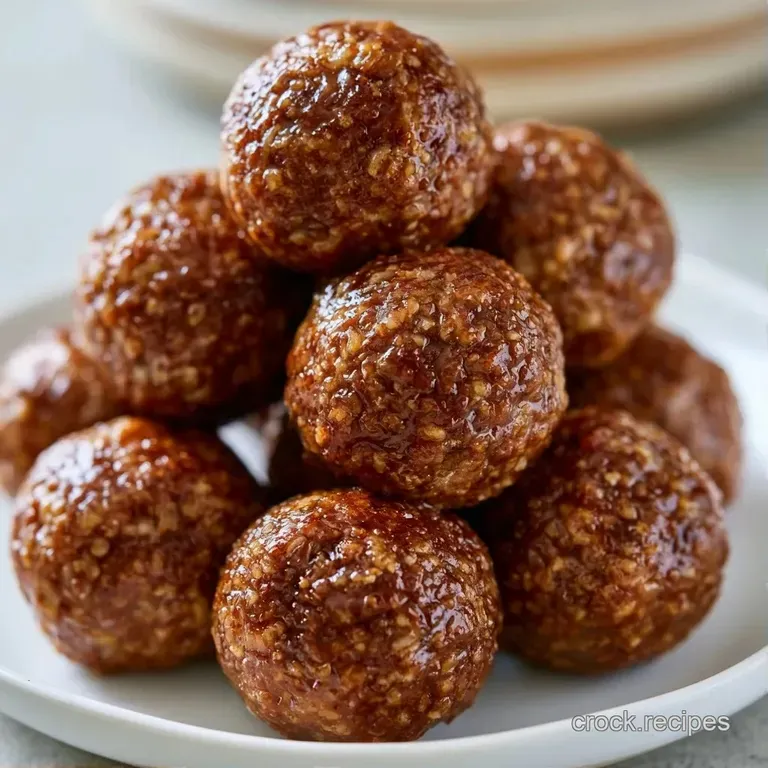 Plump meatballs coated in a shimmering red sauce, garnished with fresh green herbs on a clean white porcelain plate.