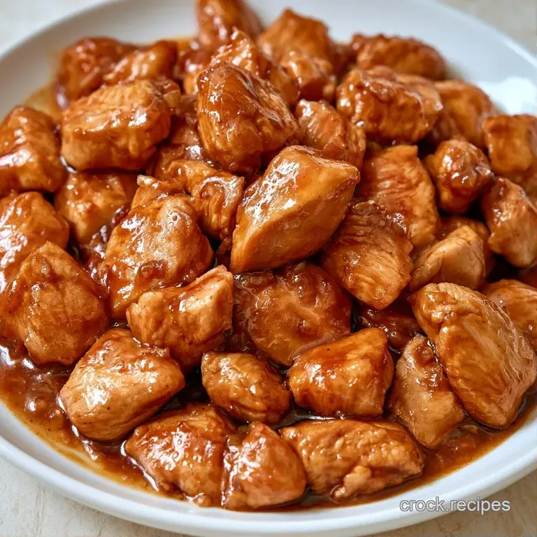 Tender chicken pieces in a dark glaze served in a white bowl, topped with sliced scallions and crunchy golden peanuts.