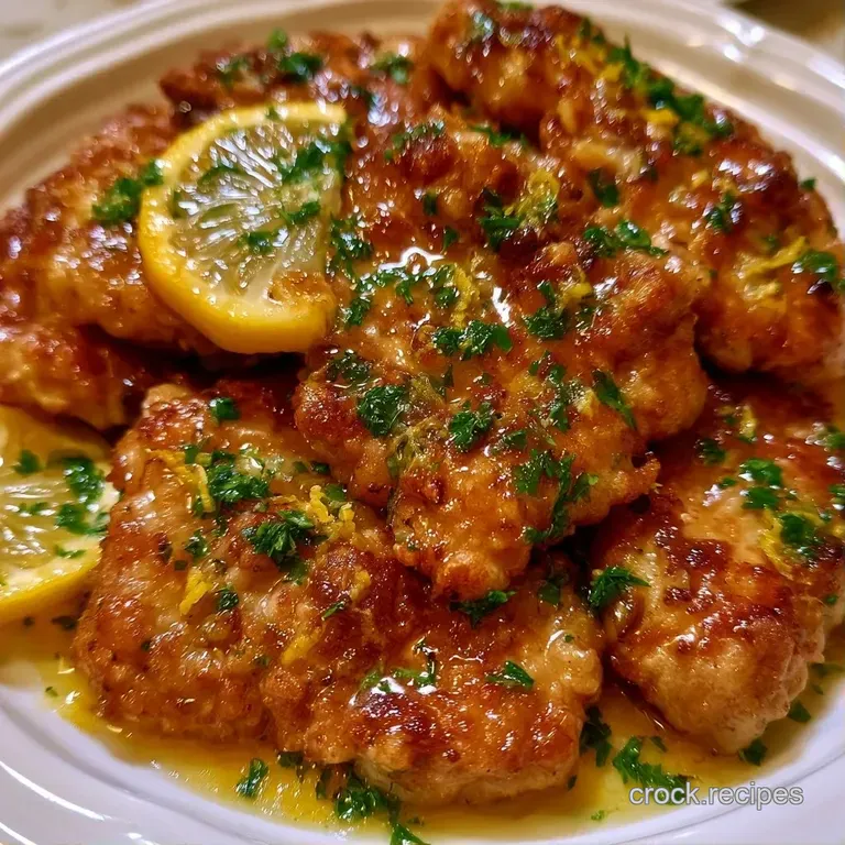 Golden chicken thighs plated with thin lemon slices and a drizzle of buttery sauce on a white ceramic dish.