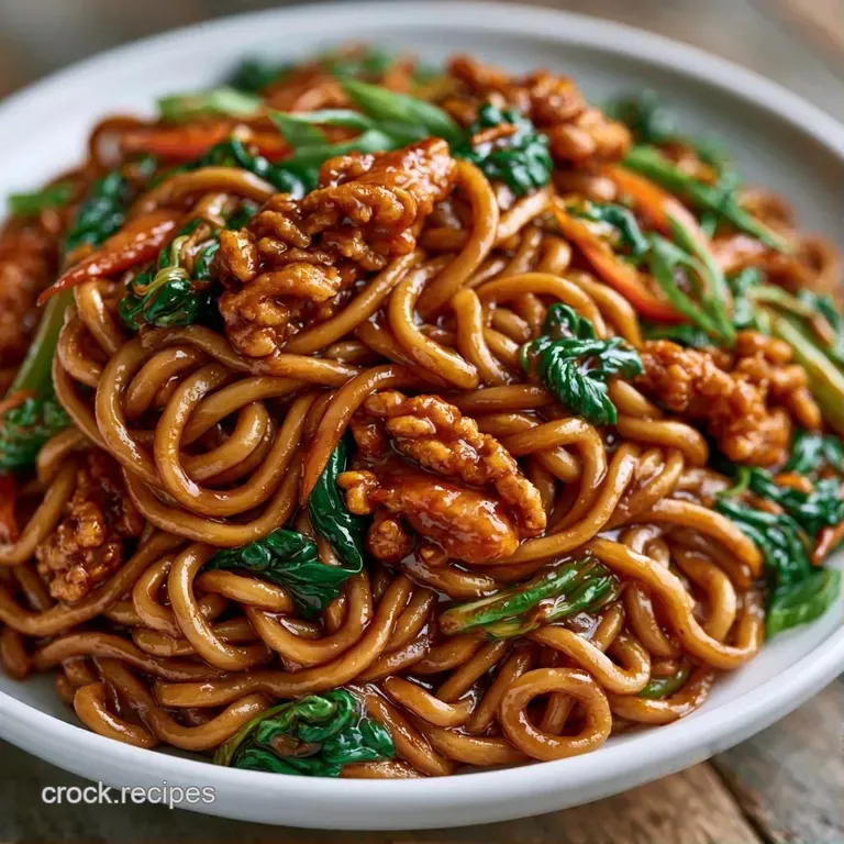 Elegant swirl of glossy noodles and colorful stir-fry vegetables served in a white bowl with a pair of wooden chopsticks.