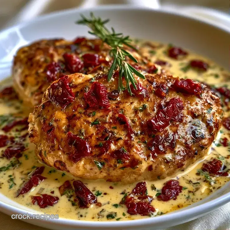 Golden chicken breasts topped with a creamy parmesan sauce and red tomatoes, garnished with fresh green herbs.