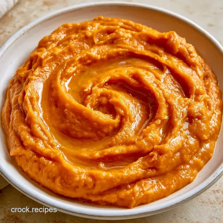 A smooth swirl of bright orange puree on a white plate, garnished with a sprig of fresh parsley and a drizzle of oil.