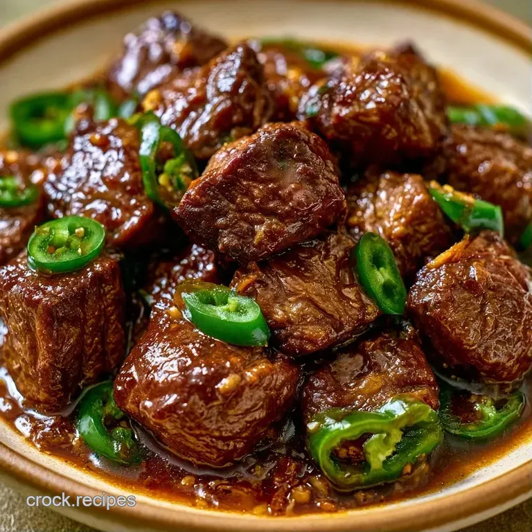 Glossy beef cubes served on a white ceramic plate with a side of creamy mashed potatoes and a sprinkle of herbs.