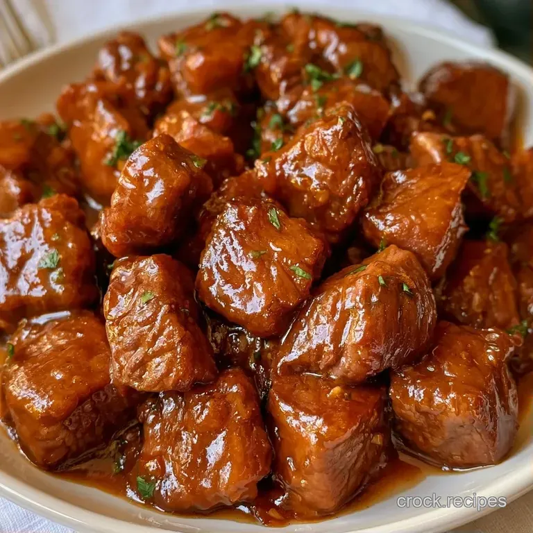 Glazed beef strips arranged on a white ceramic plate with bright green scallions and a side of steamed jasmine rice.