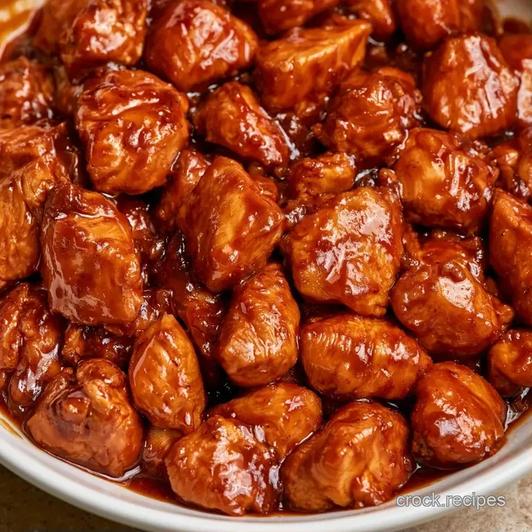 Tender, glazed chicken pieces atop a fluffy bed of white rice in a ceramic bowl, garnished with vibrant green onions.