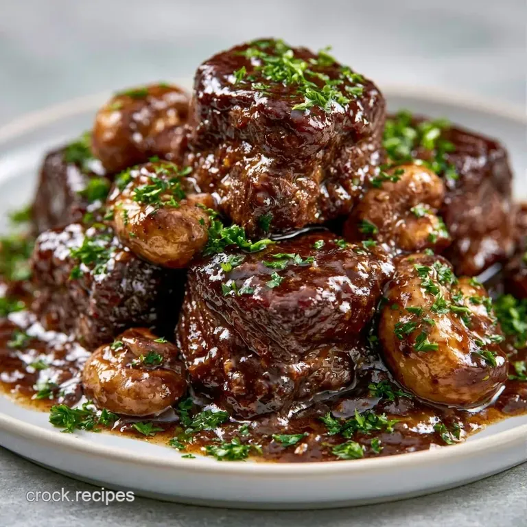 Searing brown beef cubes and tender mushrooms on a white platter, garnished with a sprinkle of fresh parsley.