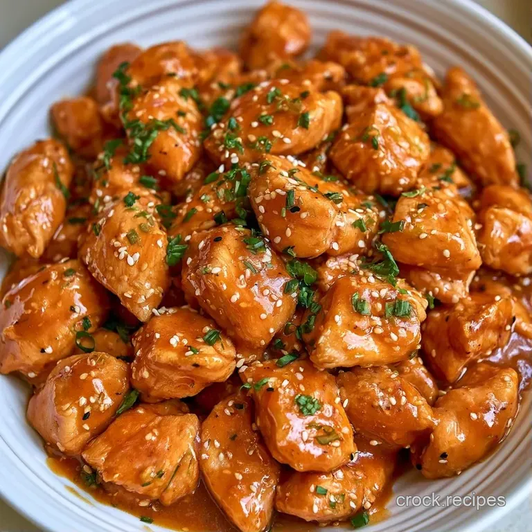Tender chicken pieces coated in a bright orange sauce, garnished with fresh sliced scallions on a white plate.