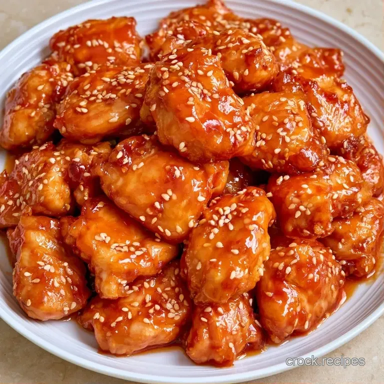 Glazed chicken chunks served in a white ceramic bowl over fluffy white rice, garnished with fresh sliced scallions.