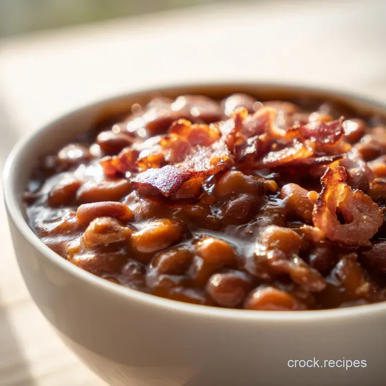 Rich, mahogany-colored beans served in a white ceramic bowl with golden crispy onions and fresh parsley.
