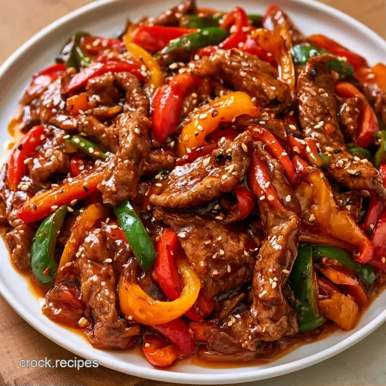 Sliced beef and vibrant peppers in a glossy sauce served over fluffy white rice in a wide, white ceramic bowl.