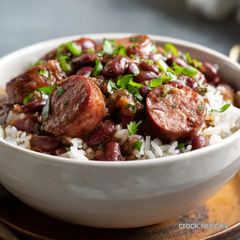 A swirl of creamy red beans and savory andouille sausage ladled over fluffy white rice, garnished with fresh parsley.