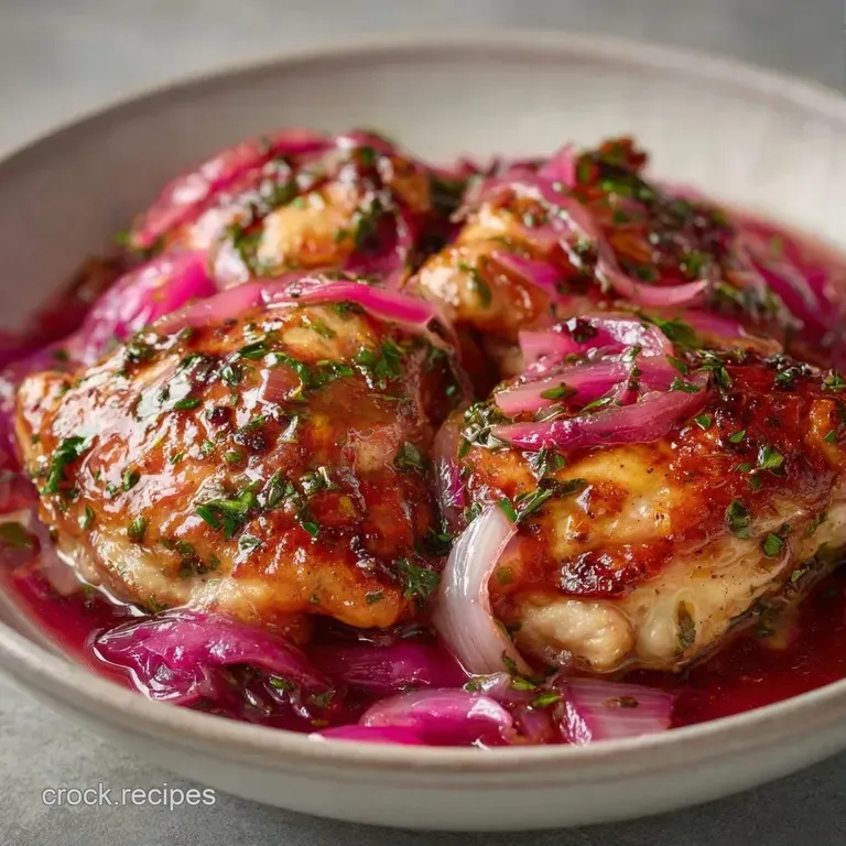 Glazed chicken thighs nestled in a rosy pink sauce on a minimalist white plate with a touch of fresh parsley.