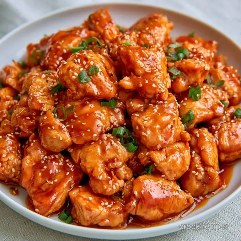 Vibrant orange glazed chicken served over fluffy white rice, garnished with sliced scallions and sesame seeds.