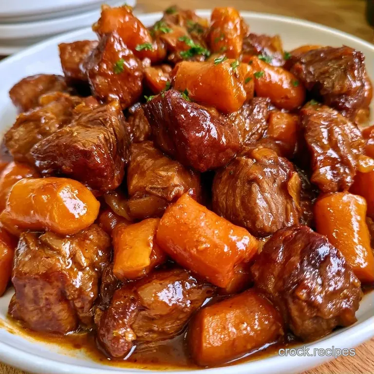 Plated beef and carrots in a shallow white bowl, garnished with sliced scallions and toasted sesame seeds.