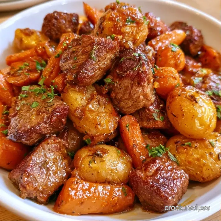 Sliced beef medallions atop buttery gold potatoes on a white plate, drizzled with glossy sauce and fresh herbs.