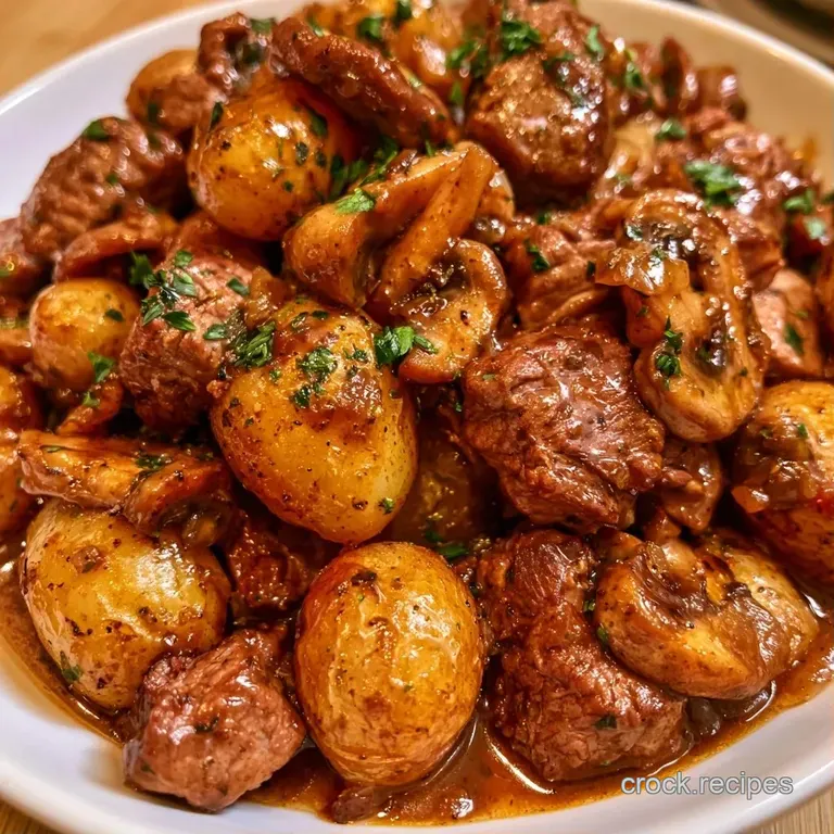 Juicy brown beef and buttery golden potatoes plated neatly with a glossy brown sauce on a white ceramic dish.