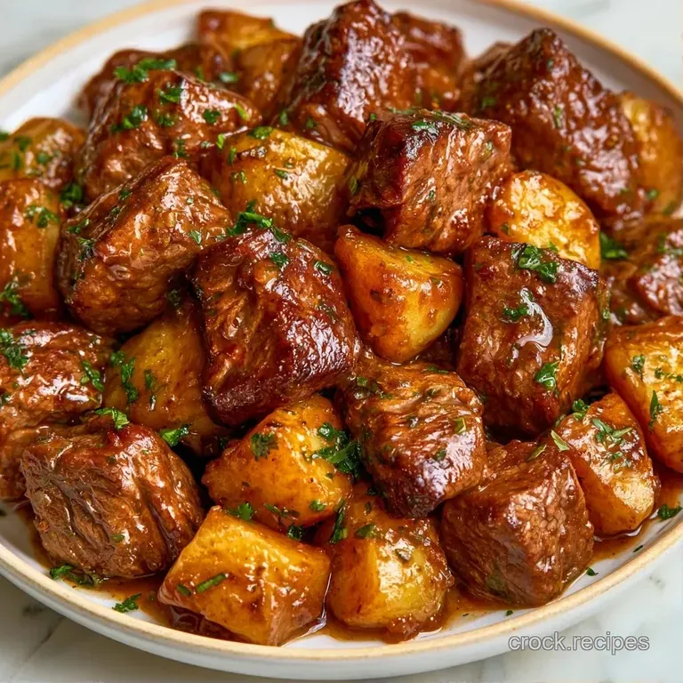 Hearty beef and potato chunks plated in a white ceramic bowl, garnished with fresh green parsley and steaming heat.