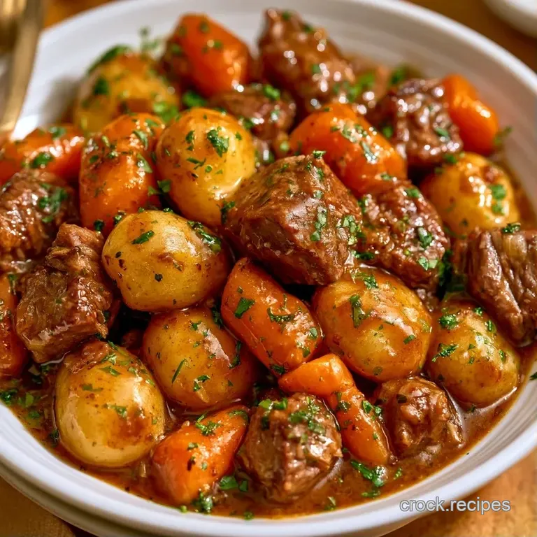 Sliced juicy beef and golden baby potatoes arranged on a white plate, drizzled with a glossy, dark savory sauce.