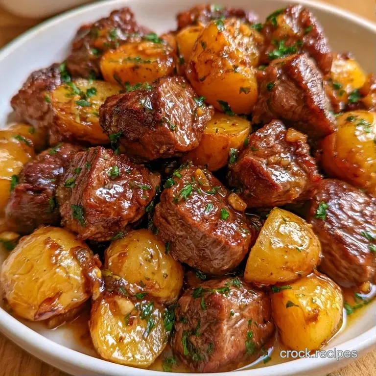 Golden-brown potato cubes and juicy seared beef chunks served on a white plate with a glossy butter glaze.