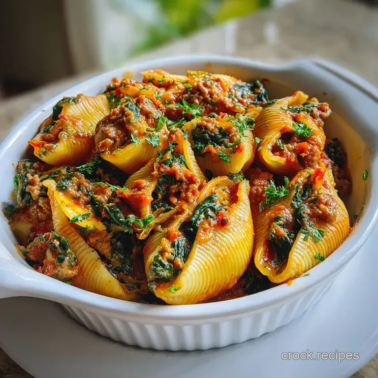 Three jumbo stuffed shells coated in tomato sauce, topped with melted cheese and basil on a white plate.