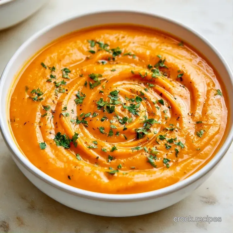 Vibrant orange cream soup in a ceramic bowl paired with a toasted baguette slice on a dark wooden table.