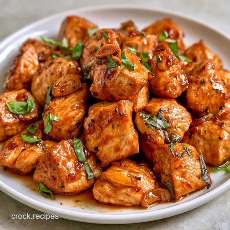Dark brown glazed chicken pieces served in a ceramic bowl with aromatic ginger slivers and bright green basil.