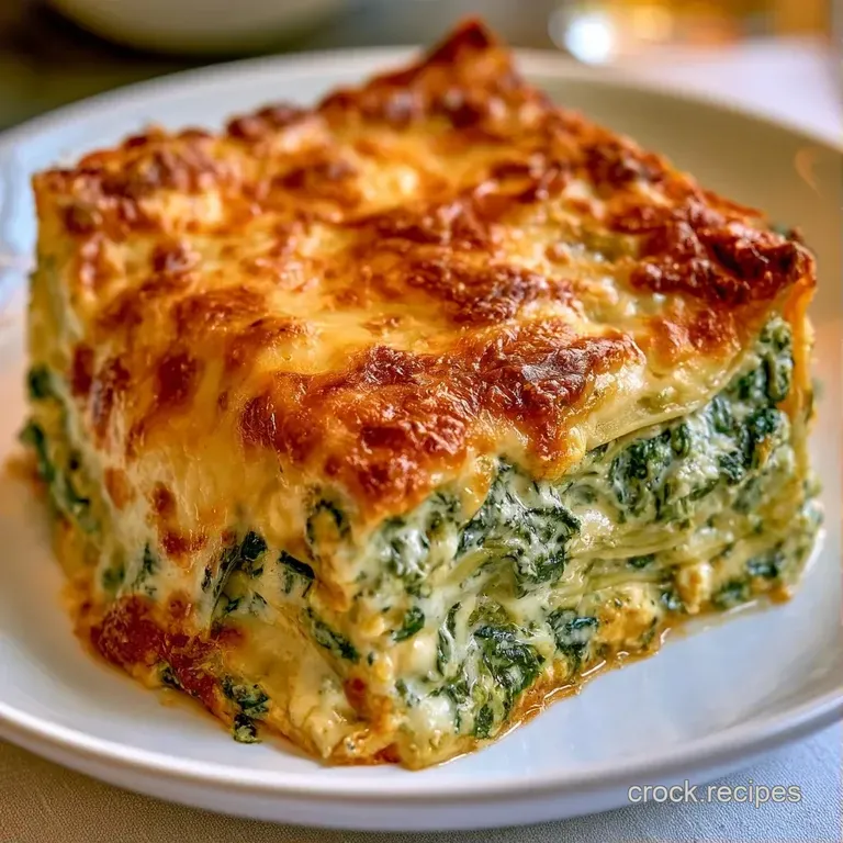 A slice of cheesy, layered pasta and colorful vegetables plated on white porcelain with a fresh parsley garnish.