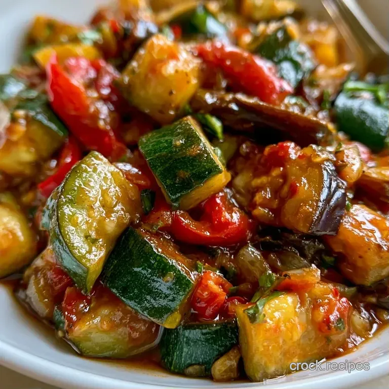 Colorful medley of stewed summer vegetables served in a shallow white bowl with a sprig of fresh green parsley.