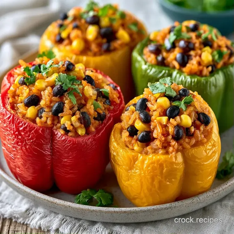 Roasted bell peppers filled with savory rice, arranged on a rustic plate with a swirl of creamy sauce and herbs.