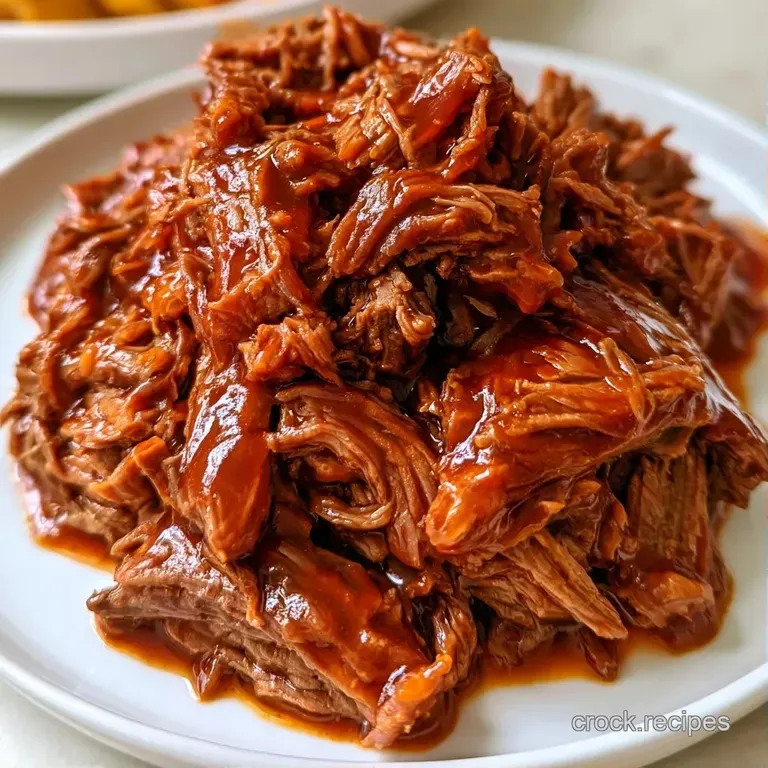 Piled shredded beef drizzled with rich sauce, served on a white platter with a side of crisp, pickled onions.