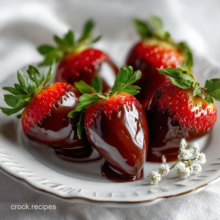 Elegant dessert plate featuring ruby red strawberries enrobed in rich, dark chocolate. A tempting treat with a polished, g...