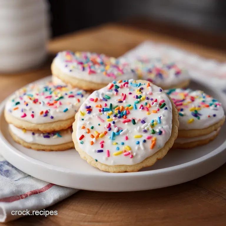A single confetti cake cookie, perfectly round and speckled with bright colors, artfully placed on a delicate white plate.
