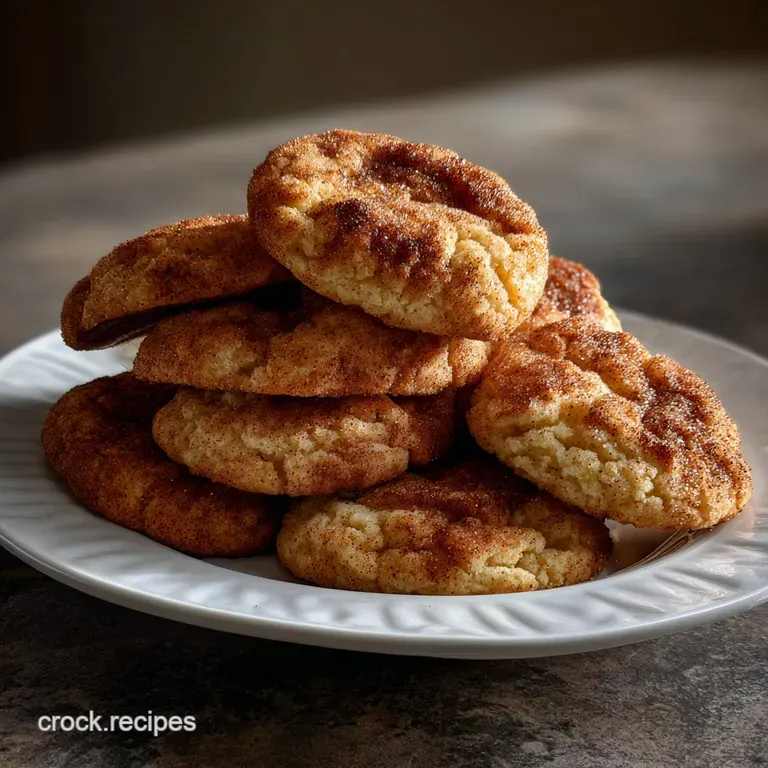 Warm, golden-brown cookies artfully arranged on a crisp white plate, dusted with shimmering cinnamon sugar, offering a gli...