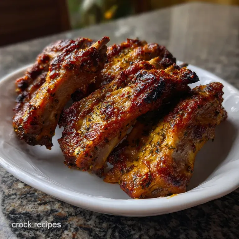 Tender ribs artfully plated with a vibrant slaw and a wedge of lime, showcasing the succulent meat and colorful sides.