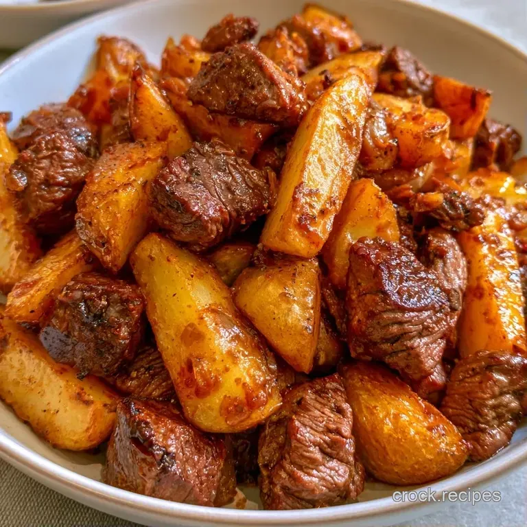 Perfectly seared beef slices arranged beside golden-brown potato cubes on a minimalist white ceramic plate.