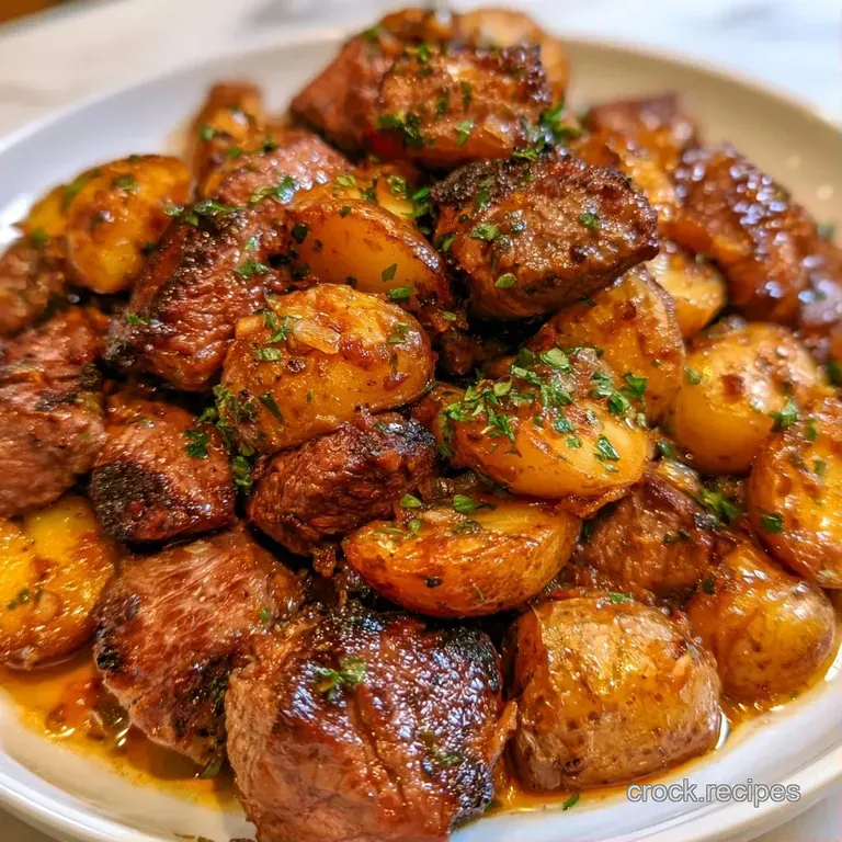 Seared beef cubes and crisp golden potato chunks arranged on a ceramic plate with a sprinkle of fresh herbs.