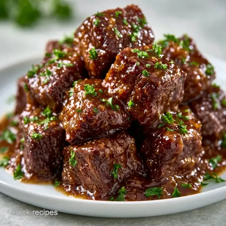 Seared beef cubes pooled in a glossy mahogany sauce, served in a white ceramic bowl with a side of crusty bread.