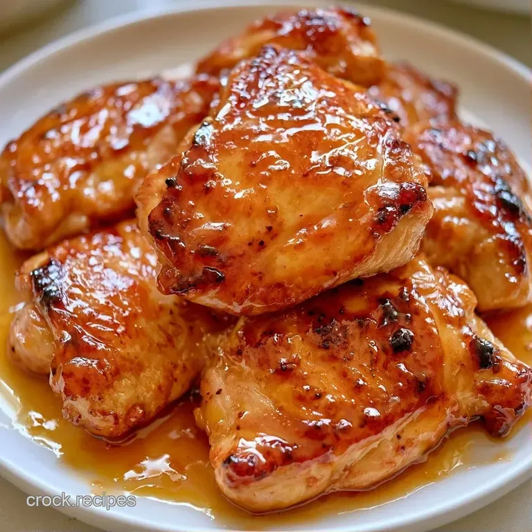 Glistening amber-glazed poultry on a white ceramic plate, garnished with bright green scallions and sesame seeds.