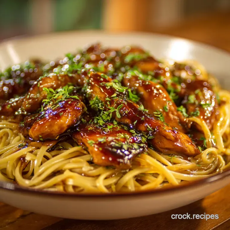 The Sticky Satisfying Slow Cooker Honey Garlic Chicken Buttered Noodles presentation